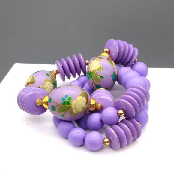 Vintage Purple Elegance Necklace with Hand Painted Floral Beads, Lightweight - Picture 2 of 4